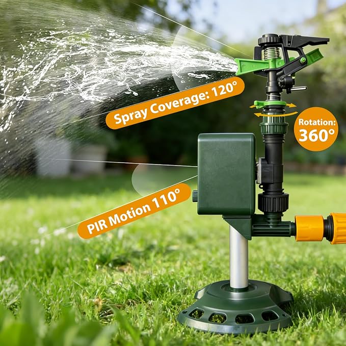 Solar Powered Motion Sensor Animal Repellent Sprinkler with Flashing Light, IP65 Waterproof Outdoor Deer & Dog Deterrent for Garden and Lawn Protection