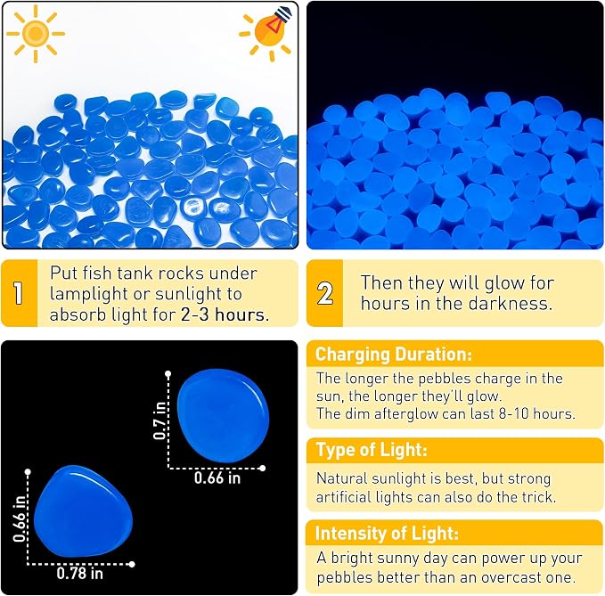 Glow in The Dark Fish Tank Rocks,Blue Glowing Rocks Stones Resin Glow in Dark Pebbles for Outdoor Garden, Fish Tank, Aquarium, Landscaping,Driveway Decoration,1.4 Lb