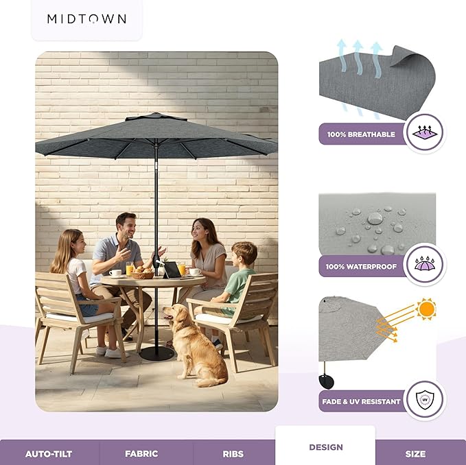 Midtown Umbrellas 10-Year-No-Fade - 8 Ft - UV Proof Greige Polyester Fabric - Umbrella Outdoor Patio, Auto-Tilt Aluminum Frame Patio Umbrella for Garden, Pool & Deck - Black Pole