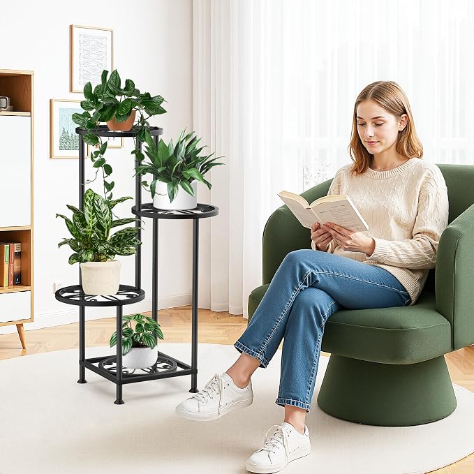 4 Tier Plant Stand Indoor Outdoor, Metal Flower Shelf Display Holder, Multiple Plants Corner Tall Flower Holders for Patio Balcony Porch Garden Living Room (Leaf Black)