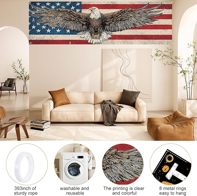 10x3 ft Extra Large Independence Day Eagle Flag Banner Outdoor 115''x35'' Eagle Flag Patriots Banner for Fence Outside Garden Large Flower Banners Yard