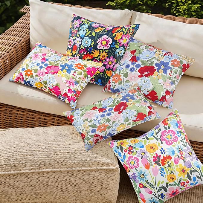 Adabana Spring Outdoor Waterproof Floral Pillow Covers Set of 2 Square Colorful Couch Cushion Cases 20x12 Inch Waterproof Decorative Pillows for Patio Garden Beach,Colorful