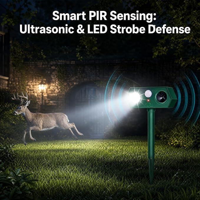 4Pack Sonic Fortress Pro Deer Repellent Outdoor, 2026 Solar Ultrasonic Animal Repeller with Motion Activated Strobe Light to Keep Squirrel Raccoon Rabbit Cat Pests Out of Yard Skunk Deterrent