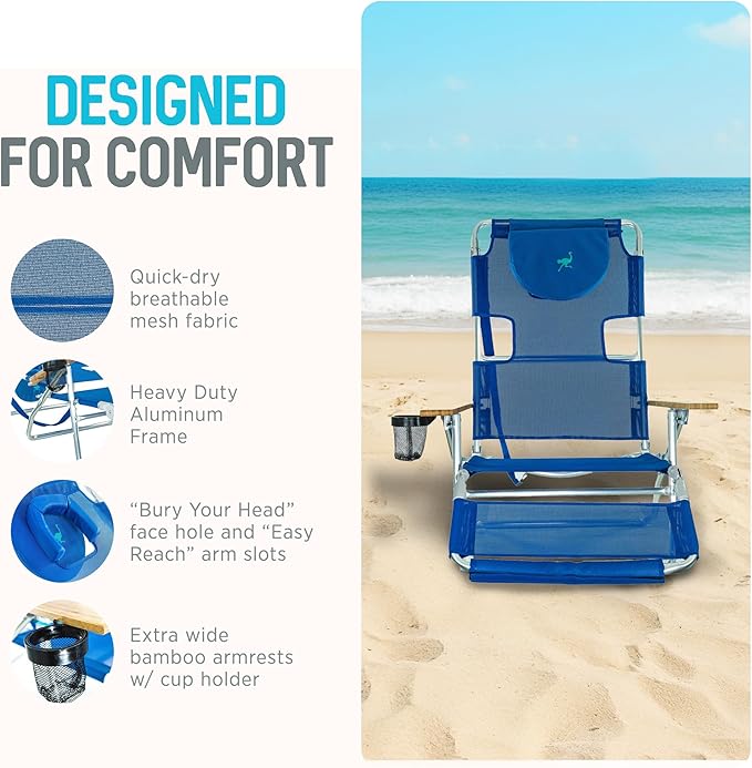 Ostrich the Original 3N1 Lightweight Beach Reclining Lounge Chair with Footrest, Outdoor Furniture for Patio, Balcony, Backyard, or Porch, Blue