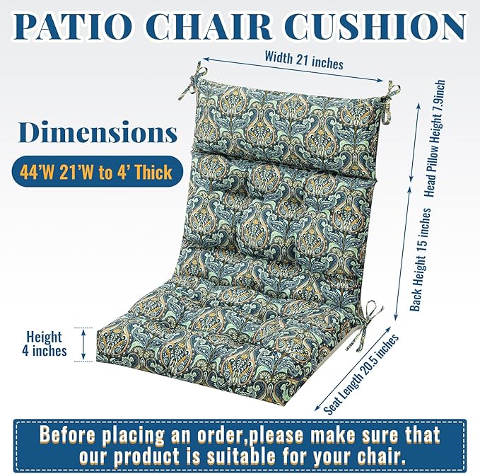 Sintuff 2 Pcs 44 x 21 x 4 Patio Chair Cushions Outdoor Chair Cushions Seat/Back Tufted Pillow with Ties All Weather Replacement Indoor Patio Furniture Outdoor Furniture (Pattern,Blue Vintage Flower)