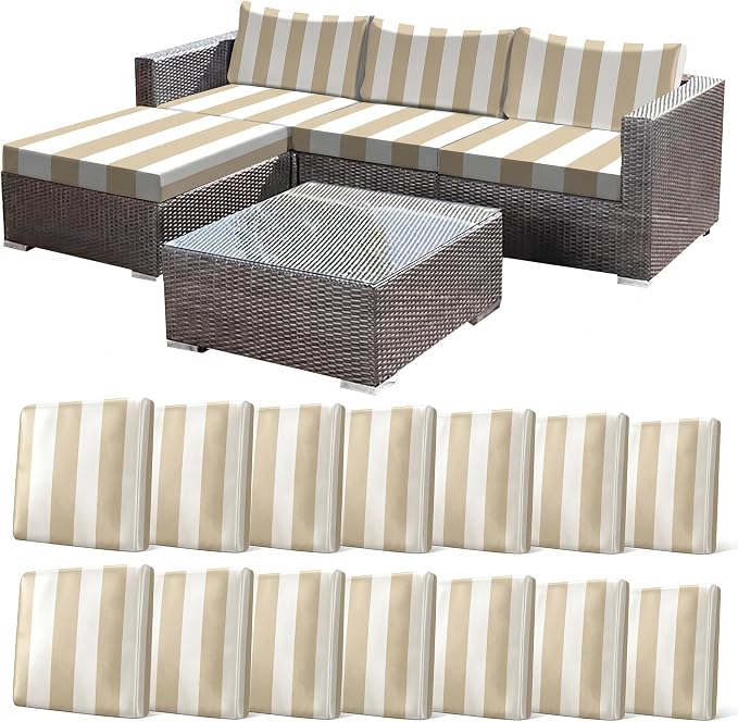 CALBODE 14 Pcs Outdoor Seat Cushion Covers, Striped Stretch Chair Seat Cover for Patio Furniture Cushions Washable Reusable Indoor and Outdoor Couch Cover Replacement (Light Brown, Cover Only)