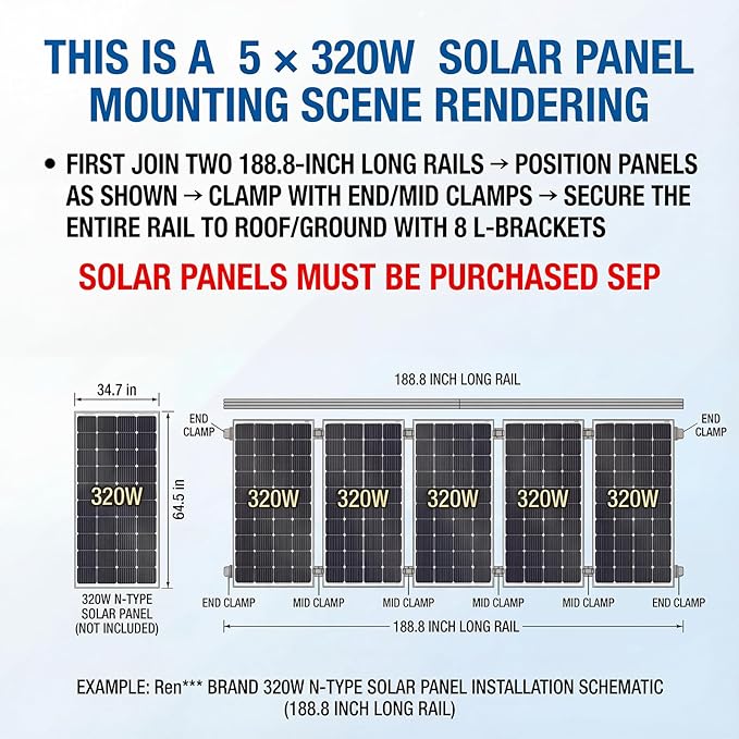 Solar Panel Mounting Rail Kit for 5 x 320W Panels, Includes 8 x 47.2 Aluminum Rails, Adjustable Clamps, L-Brackets & Grounding Lugs, Universal Racking for Metal, Tile, Shingle Roof