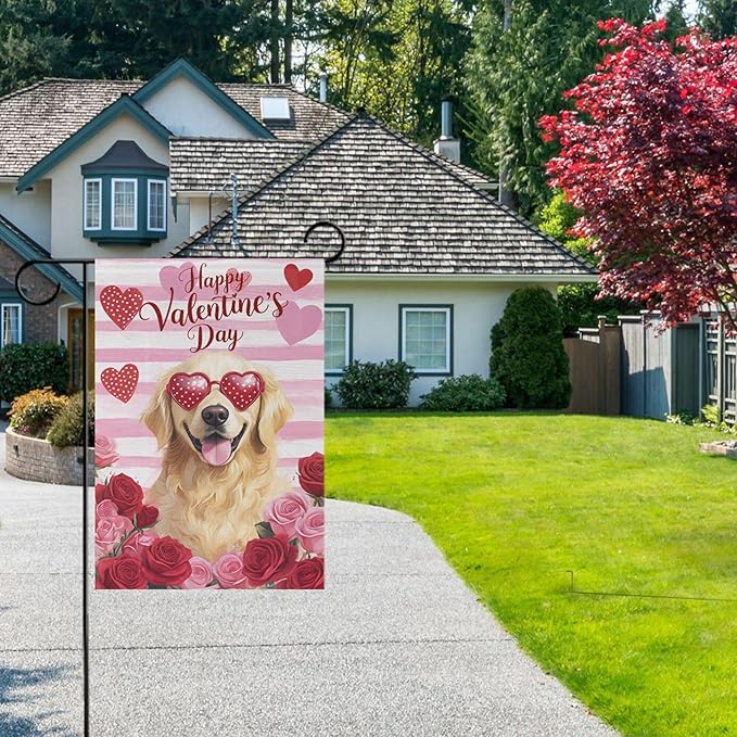 Happy Valentine’s Day Pink House Flag 28x40 Inch Double Sided Outside Love Dogs Golden Retriever Flowers Yard Outdoor Flag Banner for Garden Lawn Patio Holiday Decorations