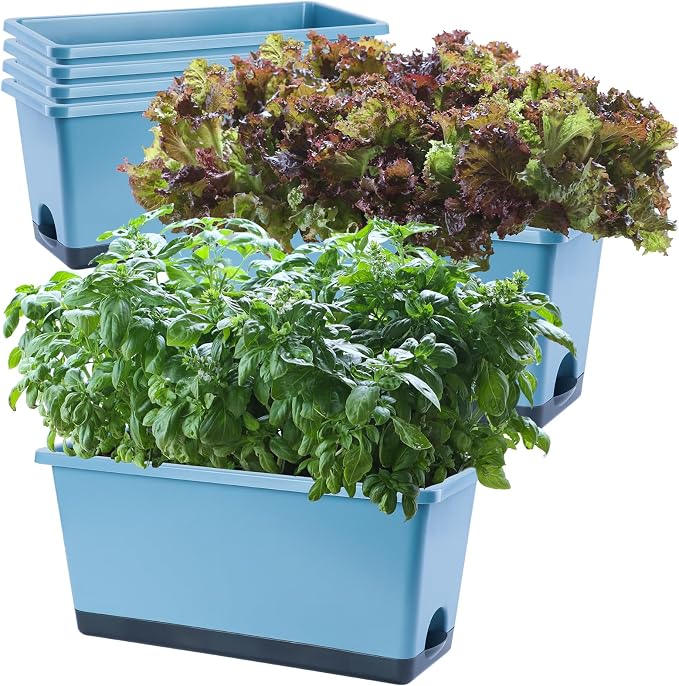 Oliz Window Box Planter 6 Pcs, 17 Inches Rectangle Flower Pots with Drainage Holes and Trays, Vegetable Planters for Windowsill Patio Garden Balcony Indoor Outdoor (Blue, 17 * 7.4 * 7.8 inch)