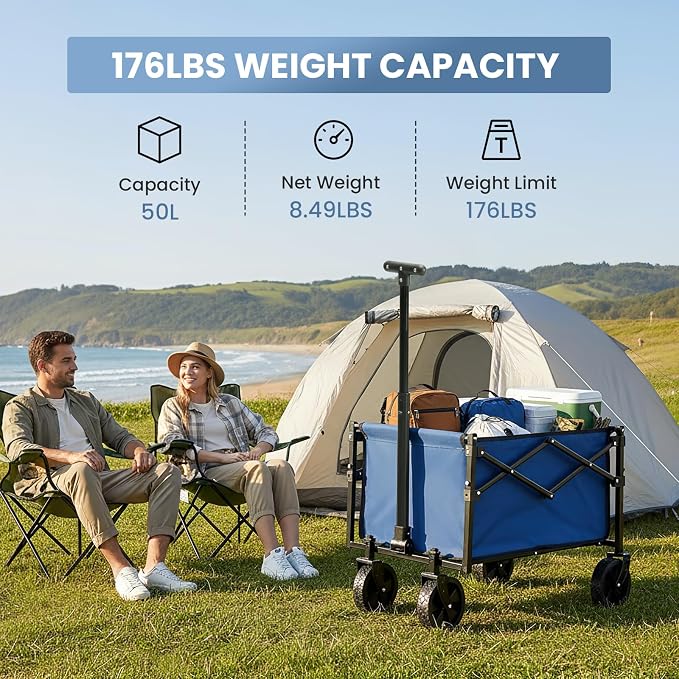 DUMOS Collapsible Wagon with Wheels, 176 lbs Wagons Carts Foldable Wagon Cart with Flexible Handle, Lightweight Portable Folding Utility Grocery Shopping Cart for Grocery Sports Garden Camping - Blue