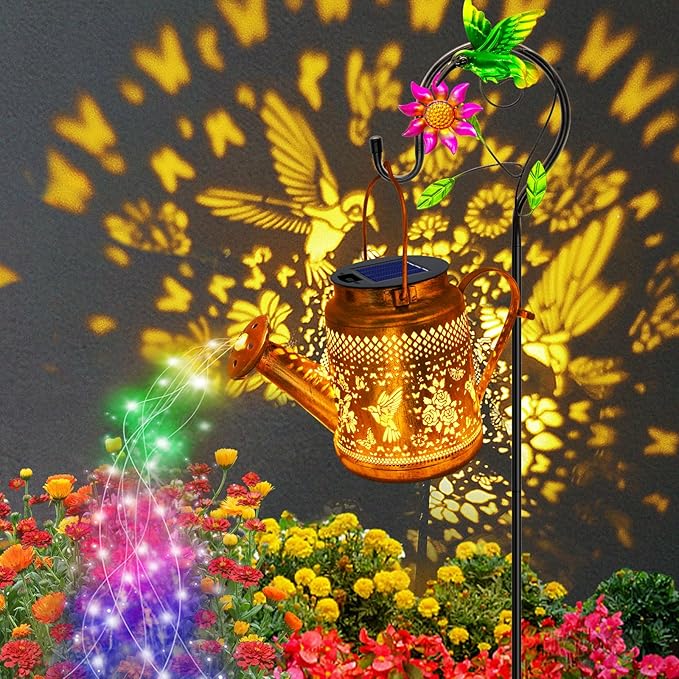 2 Pack Solar Lanterns Outdoor, Gifts for Mom Grandma Women Wife Daughter Mother's Day, Hummingbird Watering Can Lights with Shepherd Hook, Solar Path Light Yard Art Outside Patio Decor (Multicolour)