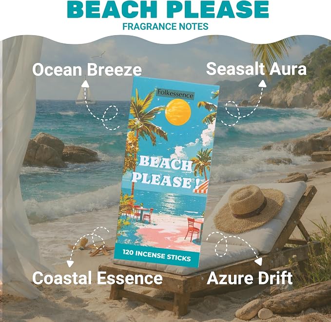 Folkulture Incense Sticks (120 Sticks)| Beach Vibes Ocen Salt Summer Incense for Odor Neutralizer, Relaxation, Aromatherapy | Long Burning, Charcoal-Free, Non-Toxic Insence-Sticks for Summer Gifts