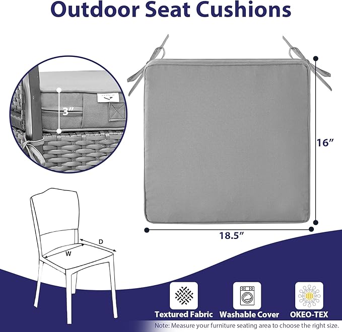 IPYNBAP Outdoor Chair Cushions Set of 4 -Waterproof Outdoor Seat Cushions for Patio Furniture, Patio Chair Cushion with Handle and Ties, Out Door Chair Pads,18.5x16x3-Square, Grey