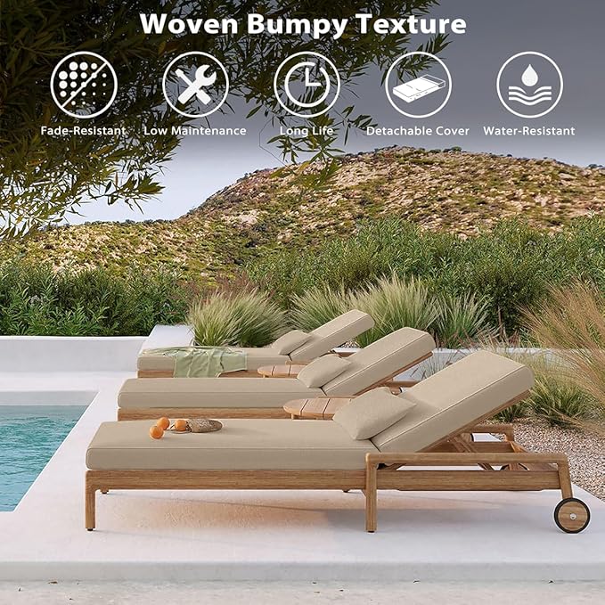 Sundale Outdoor Olefin Chaise Lounge Cushion Set of 2, Water-Resistant Patio Lounge Chair Cushion, Thick Lounger Pad with 4 Straps Khaki, 80 x 26 x 4 Inches