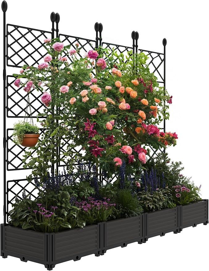 4 PCS Raised Garden Bed with Trellis & Privacy Screen, 66" w x 63" Tall Vertical Garden Planter Box for Climbing Plants - Sturdy Lightweight Outdoor Planter for Vegetables, Flowers on Patio, Balcony