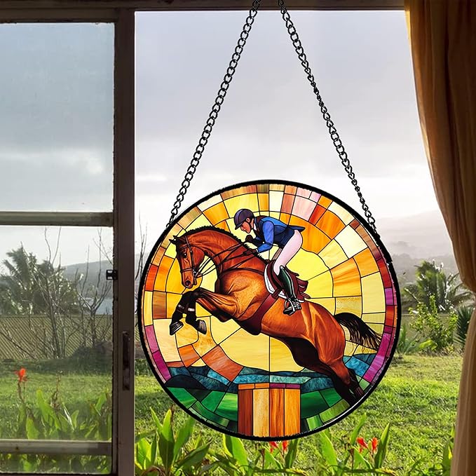 DASTOLL Stained Glass Window Hanging Equestrian Sports 7.8" - Horse Suncatcher Door Garden Sunroom Sun Catcher Home Decor Birthday Christmas for Mom Men Woman Nana
