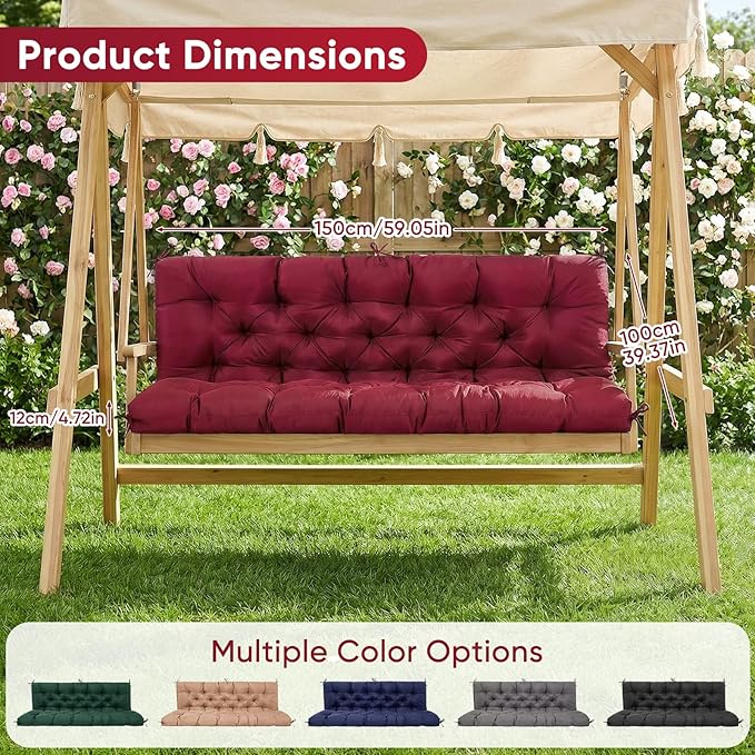 Waterproof Porch Swing Cushions 60 Inch,2 3-Seater Replacement for Outdoor Furniture with Backrest and Straps, Thick 4" Swing Seat Bench Cushion for Loveseat Glider Bench Patio Lawn Backyard