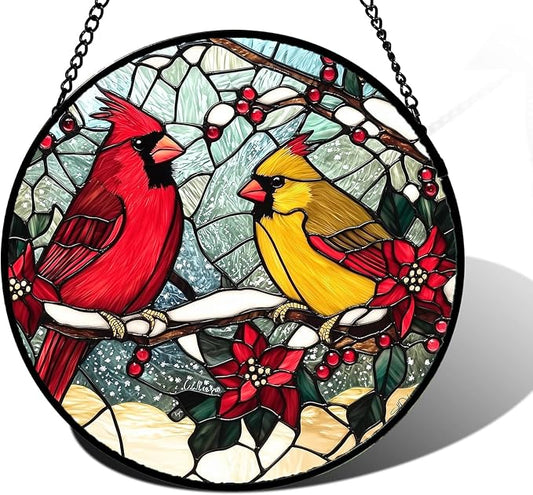 DASTOLL Stained Glass Window Hanging, Love Birds Cardinals Sun Catchers Colorful Glass Panel Birds Suncatcher Decor for Birthday for Women, Men, Wife, Lovers, and Mom 14.9x14.9 in