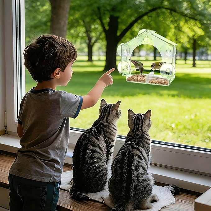 Window Bird Feeders with 5 Strong Suction Cups, Clear Bird Feeder for Window Acrylic, Suction Cup Bird Feeder, Garden Yard Gifts for Women Mom Bird Lovers, Elderly Kids
