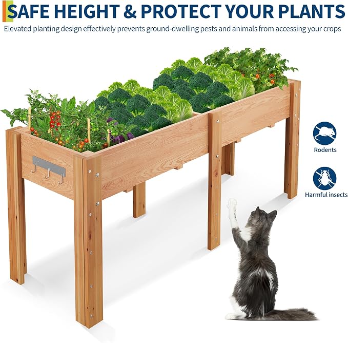 72x 23x30IN Raised Garden Bed Outdoors with High Legs & Hooks, Non-Woven Liner, Elevated Wooden Large Planter Box for Backyard, Patio, Balcony w/Divider Panel, 6 Legs, 300lb Capacity