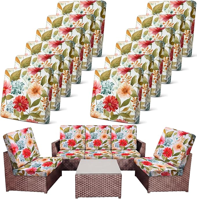 Newwiee 12 Pcs Patio Stretch Outdoor Cushion Covers Sofa Couch Cover Replacement Couch Slipcover Sofa Seat Chair Porch Patio Furniture Protector, Flexibility Washable(Pastel Series,Garden Floral)