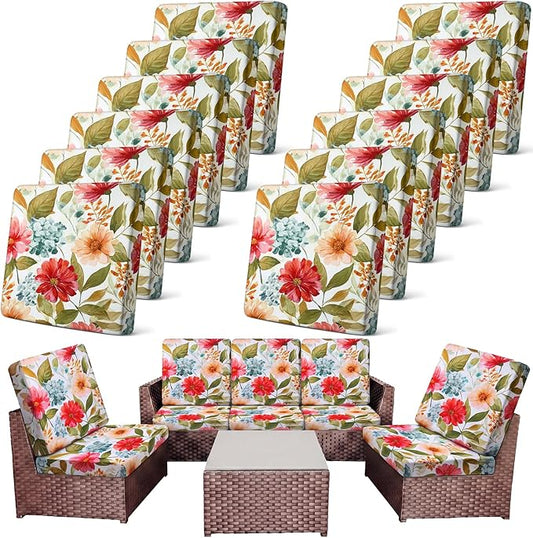Newwiee 12 Pcs Patio Stretch Outdoor Cushion Covers Sofa Couch Cover Replacement Couch Slipcover Sofa Seat Chair Porch Patio Furniture Protector, Flexibility Washable(Pastel Series,Garden Floral)