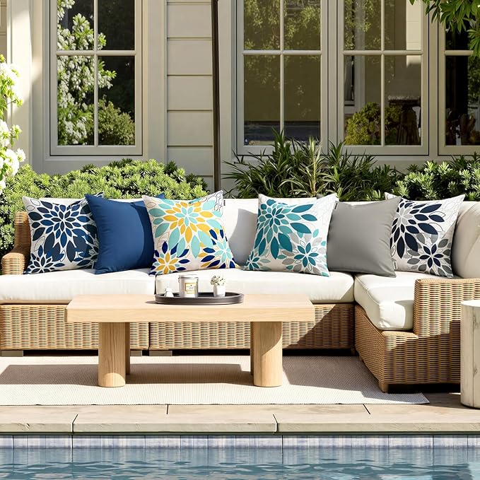 Floral Outdoor Pillow Covers Waterproof Spring Throw Pillow Cases Light Blue Yellow Inch Set of 2 Decorative Summer Cushion Covers for Patio Furniture Garden Bench Porch Sofa
