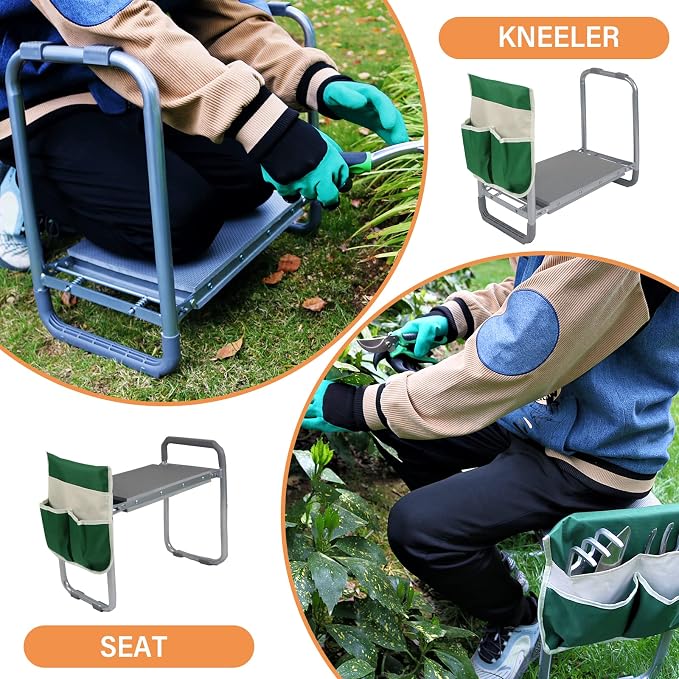 BDL Garden Cart Outdoor Rolling Garden Workseat with Wheels, Heavy Duty Garden Tool Cart with Extendable Handle and Storage for Seniors Yard Gardening Work
