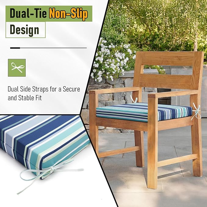 Basic Beyond Outdoor Chair Cushions Set of 4, Square Corner Outdoor Cushions for Patio Furniture, Water Resistant Patio Chair Cushions with 2 Ties, 18.5x16x3, Pinstriped Blue