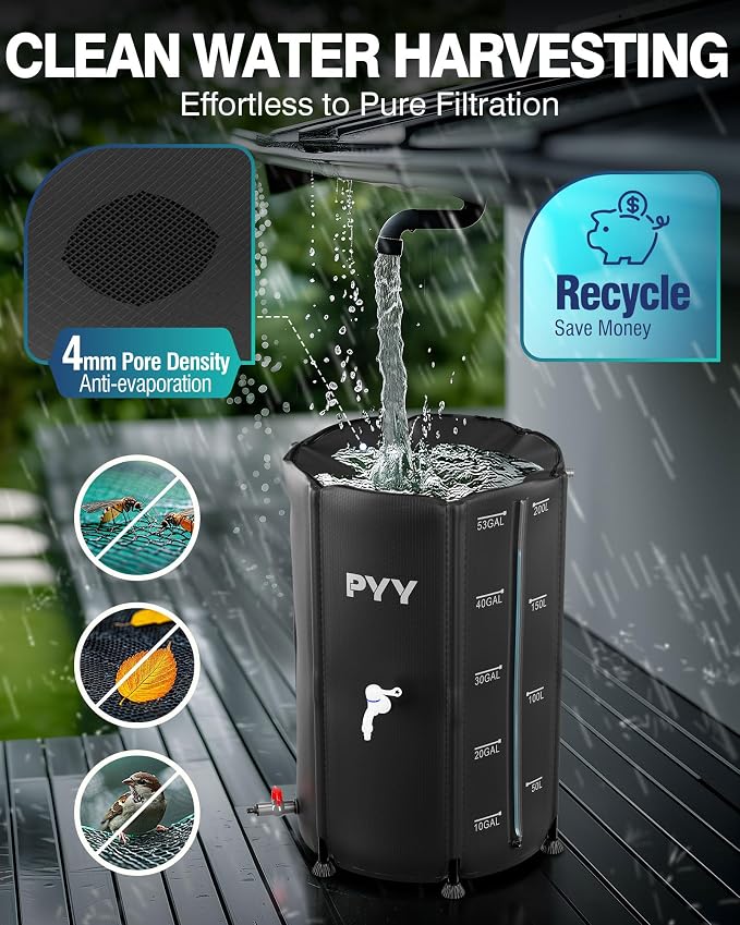 PYY Rain Water Collection Barrel - 53 Gallon Black Large Water Storage Tank with Spigot, Hose and Portable Bucket, Plastic Collapsible Rain Catcher Catchment System to Collect Rainwater from Gutter