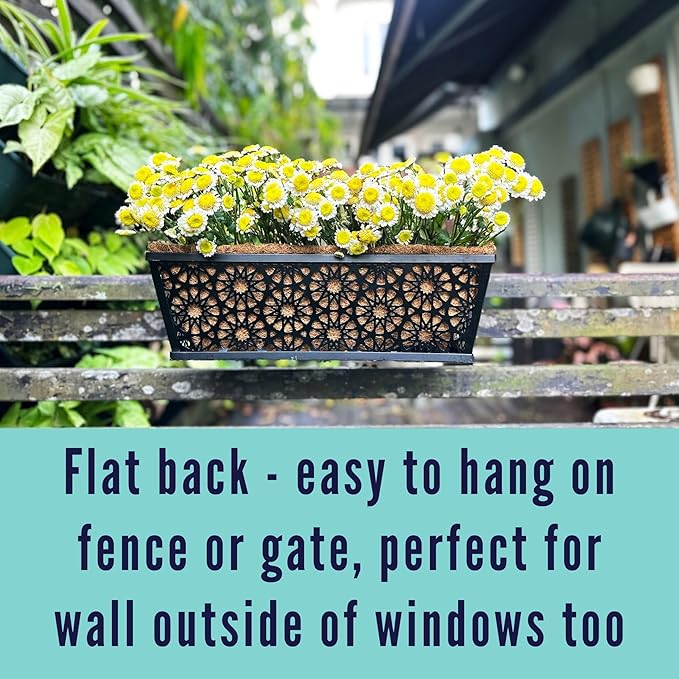 LaLaGreen Window Planter Boxes for Outdoor Plants (16 Inch, 4 Pack) Black Metal Wall Hanging Planters Deck Railing Flower Box with Coco Liners, Unique Horse Troughs Balcony Pots Patio Porch Over Rail