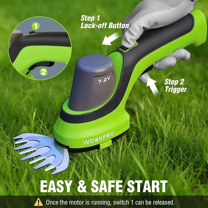 WORKPRO 7.2V Handheld Grass Trimmer, 2-in-1 Cordless Hedge Trimmer & Grass Shears with 44.5” Wheeled Extension Pole, 2Ah Battery, Shrub Trimmer for Lawn Edging, Garden, Yard & Hedge Trimming