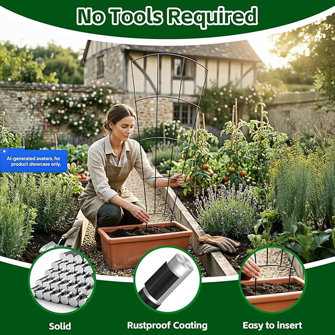 Thealyn 4 Pack 56" Metal Plant Trellis for Pots & Garden Beds, Rustproof Support for Indoor Outdoor Climbing Plants, Vines, Flowers, Fan Shaped, Black