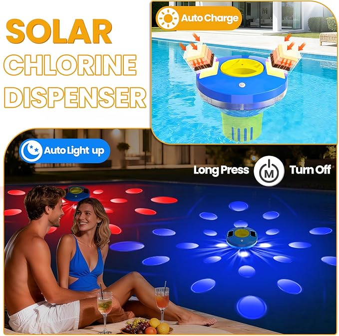 AquClor 2026 New Pool Chlorine Floater,Large Capacity Chlorine Floaters for 5 * 3'' Chlorine Tabs,Solar Chlorine Floater w/Light,Adjustable Floating Chlorine Dispenser for Pool,Hot Tub,Yellow