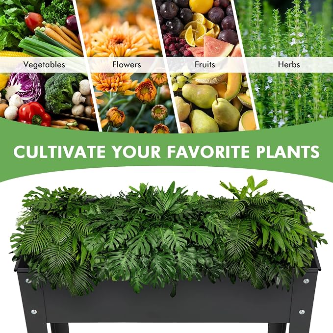 HAPPYGRILL Raised Garden Bed, 18” Elevated Planter Box w/Legs, Drainage Hole, Hemming Design, Metal Garden Box for Vegetable Herb, Outdoor Raised Beds for Gardening, Backyard Porch Balcony, Black