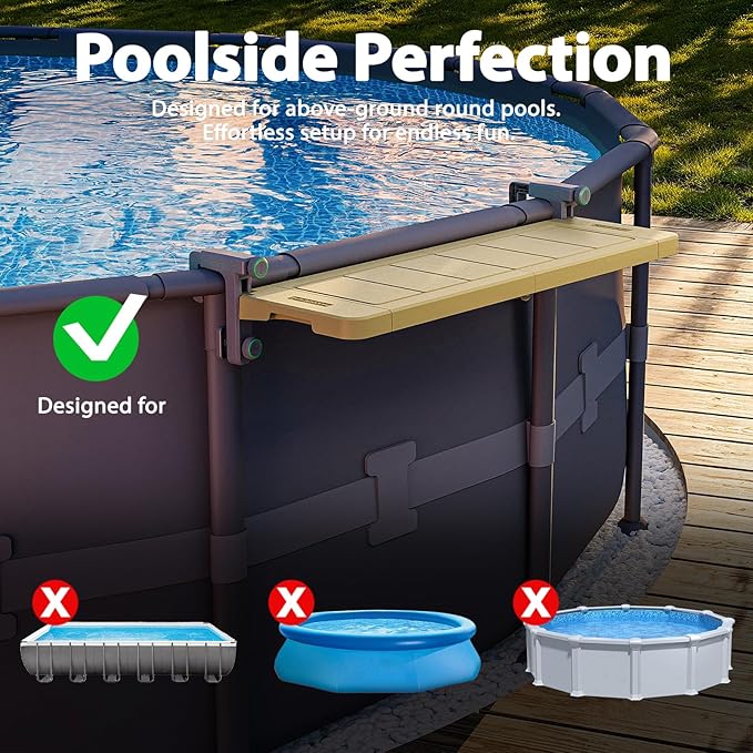 POOLHACKER Poolside Bar, [Original] Swim Up Bar Exclusively for Above-Ground Round Pools. Patio Poolside Table Smart Fold Easy Maintenance, Weather Resistant Stable Tabletop (Amber Brown)
