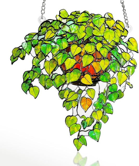 Plant Suncatcher Glass, Stained Glass Suncatcher Plant Window Hanging, Unique Nature Lover Gifts Leaf (Green)