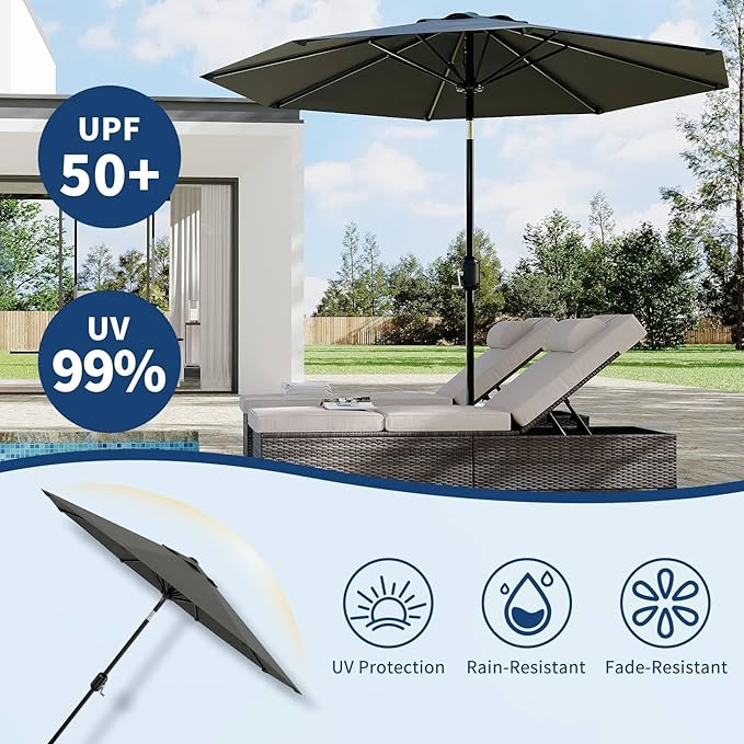Garvee 10 ft Patio Umbrella - 8 Sturdy Ribs Outdoor Table Umbrella with Crank Lift & Push Button Tilt - Market Umbrella for Pool, Deck, Yard, Garden -Gray