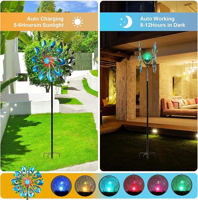 MLKNK Wind Spinners for Yard and Garden - Wind Sculptures & Spinners | Wind Spinners Outdoor 75 Inch, Navy Blue, Kinetic Art with Solar Powered Multi-Color Glass Ball Light
