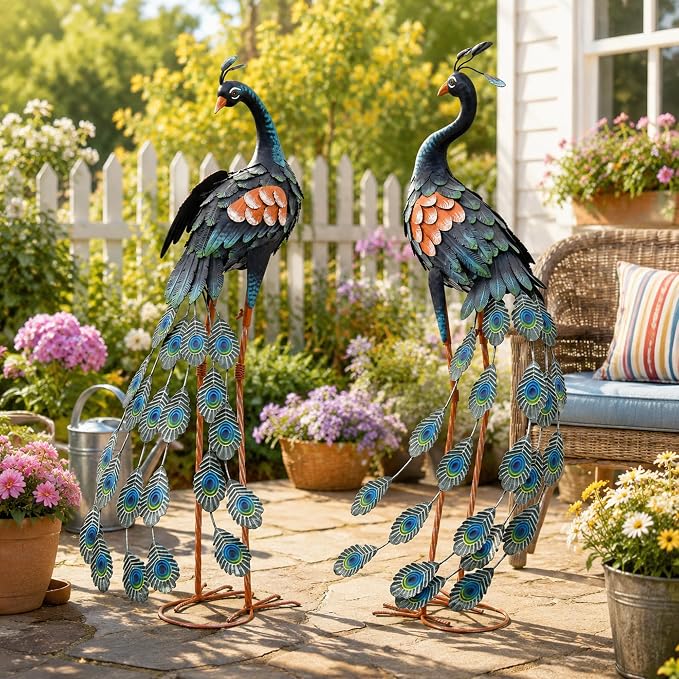 36" Oversized Peacock Decor Set of 2, Hand-Painted Metal Yard Art, Weatherproof Outdoor Garden Statues & Sculptures for Lawn, Flower Beds, Patio, Backyard or Indoor Kitchen & Home Decor