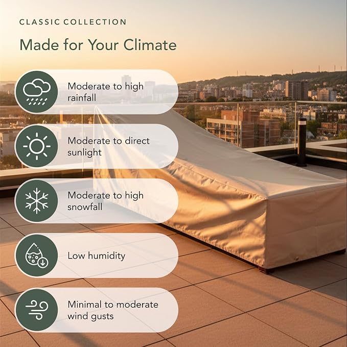 Covermates Classic Chaise Lounge Cover – Weather-Resistant Vinyl Outdoor Furniture Cover with Mesh Vent, Elastic Hem, UV Protection, Lightweight Patio Chair Cover, 30W x 82D x 38H, Classic Tan