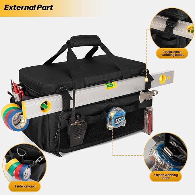 Rexmica 17-Inch Tool Bag with 3 Tool Pouches, Tool Storage Organizer for Men with Anti-friction and Padded Bottom, Tactical Range Bag, Multi-functional Work Bag for Repairman, Electrician, Carpenter