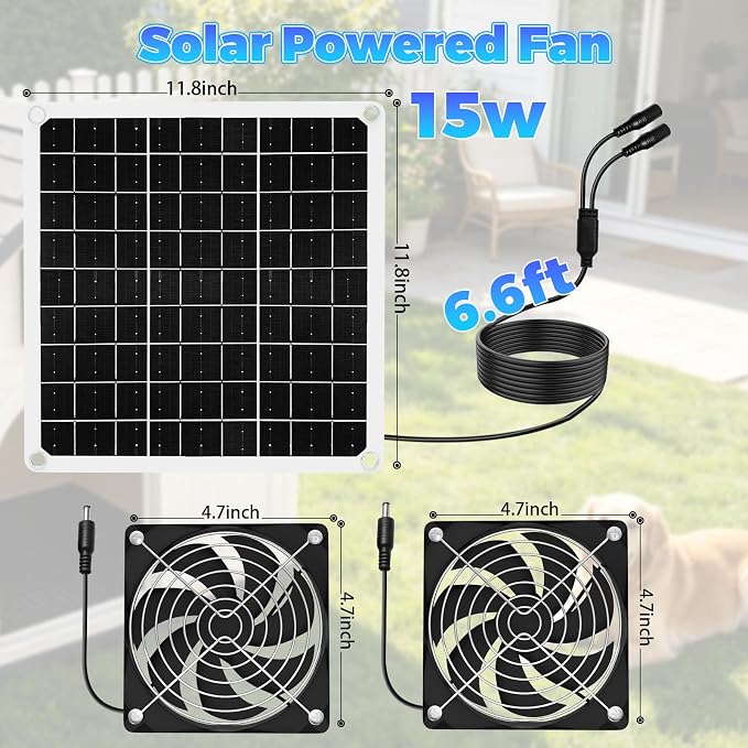 15W Solar Powered Fan for Chicken Coop, Solar Panel Fan Ventilation Exhaust Kits for Greenhouse Outside Shed Doghouses Pet House, Included 2 IP65 Waterproof Fans