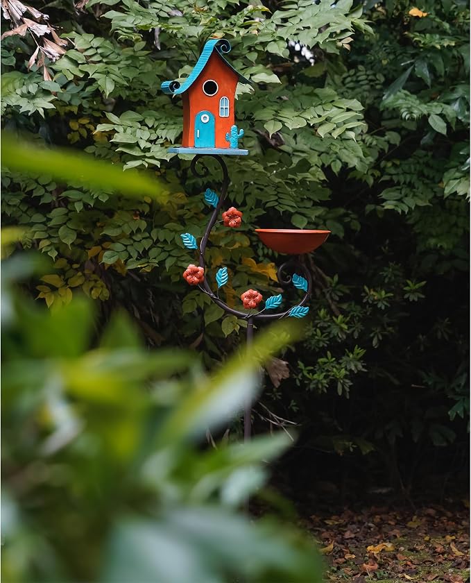 71" Tall Iron Fairy Tale Birdhouse with Bathing Platform, 1.2" Squirrel Guard Entry & Ground Spikes, Whimsical Garden Centerpiece Decoration