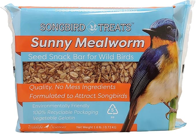Wildlife Sciences Songbird Treats Seed Bars | 8 Pack of 1.6 lb Bird Seed Cakes for Wild Birds (Sunny Mealworm)