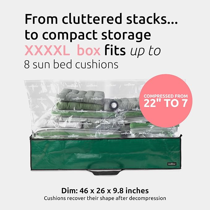 Compactor Heavy-Duty Storage Bags, Vacuum Storage Bag with Outdoor Storage Box, Waterproof Bag for Sun Bed and Chaise Lounge Cushions, Fits All Vacuum Models, 66Lbs, XXXXL, Green