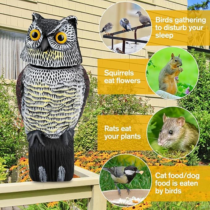 Fake Owl Statue to Scare Birds Away, Waterproof Moving Bird Deterrent Owl | Squirrel Repellent with 360° Rotating Head, Large Plastic Bird Control Owl for Outdoor Garden Patios Balcony Pool Barn Roof