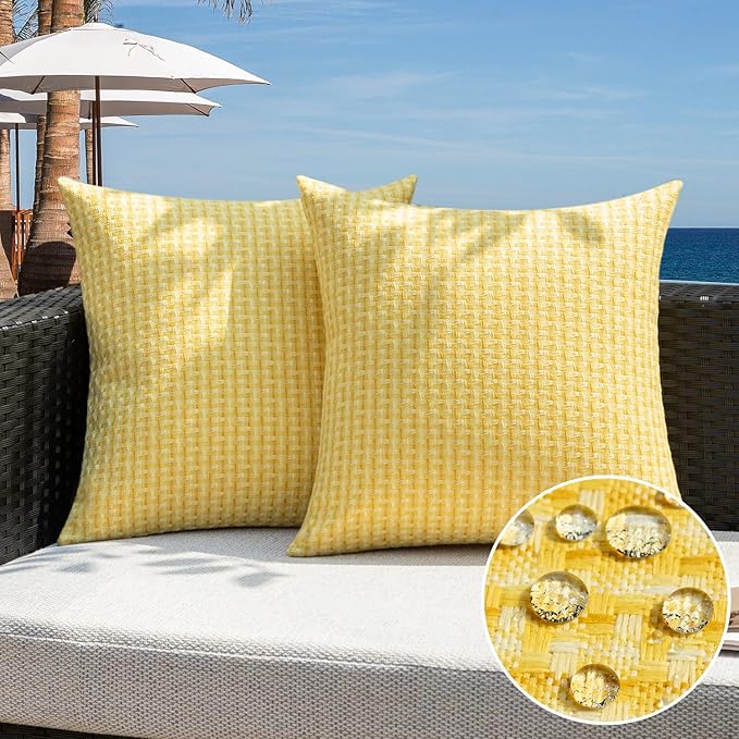 Kevin Textile Outdoor Waterproof Throw Pillow Covers Pack of 2 Farmhouse Decorative Cushion Covers for Garden Patio Tent Balcony Bench Couch Sofa 22x22 Inch, Yellow