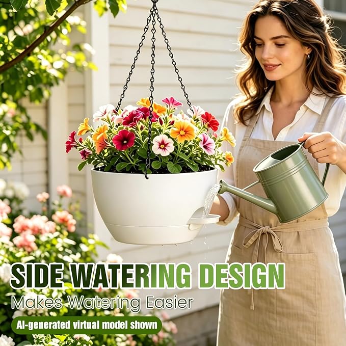 10 Inch Self Watering Hanging Planters, 3 Pack Plastic Plant Pots | Sturdy lightweight pot with side watering lip, drainage holes, snap-on detachable tray & hanging chain for easy care