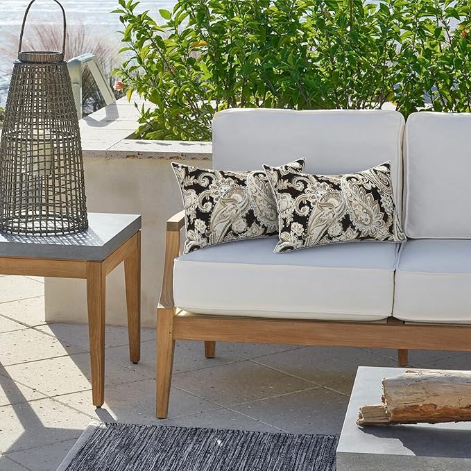 LVTXIII 2 Pack Outdoor Lumbar Pillow Covers 12x20 Inch with Piping, Water-Repellent Back Cushion Covers ONLY for Patio Furniture, Sofa, Garden Bench, Paisley Black